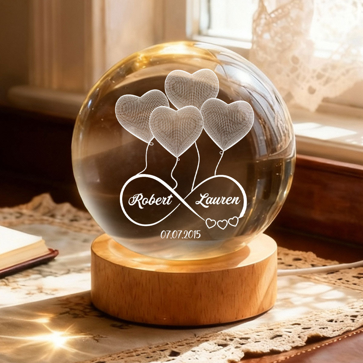 Couple Infinity Love Heart Balloon - Personalized Crystal Ball LED Night Light - Sentimental Gift for Her, for Him, Couple Keepsake