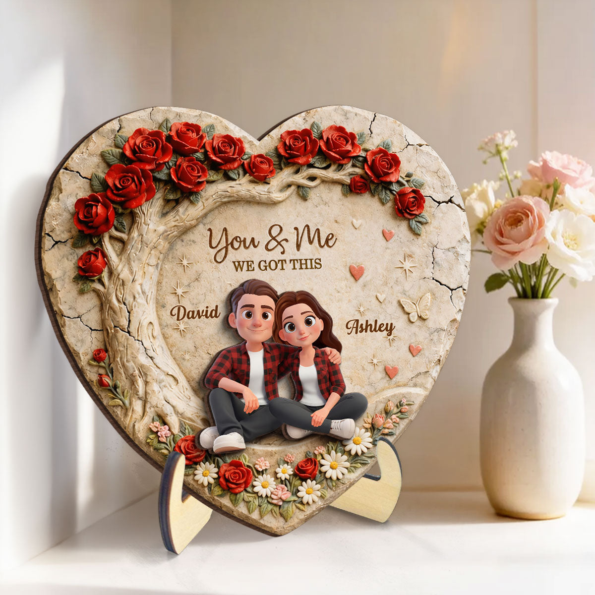 Couple Stone Romantic Heart Rose - Personalized 2-Layered Wooden Plaque - Anniversary, Valentine's Day Gift, Gift For Him, Gift For Her