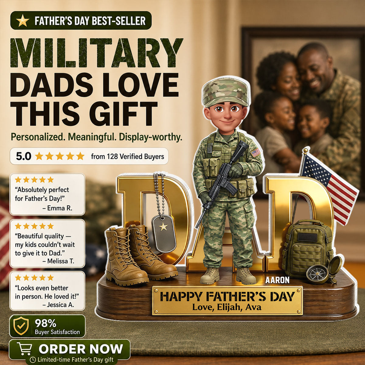 Proud American Military Armed Force Hero Dad 2D Flat - Personalized Acrylic Block Plaque -  Gift For Dad