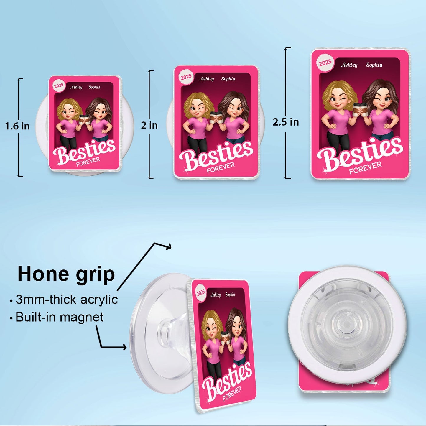 Besties Forever Pink 3D Effect Action Figure – Personalized Acrylic Magnetic Phone Grip – Gift for Best Friends, Matching Phone Grips