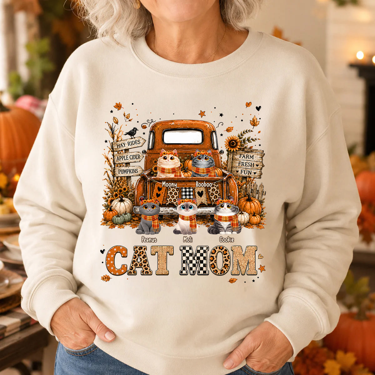 Cat Mom Fall Pickup Truck - Personalized Shirt - Fall Season Gift, Gift For Cat Lovers