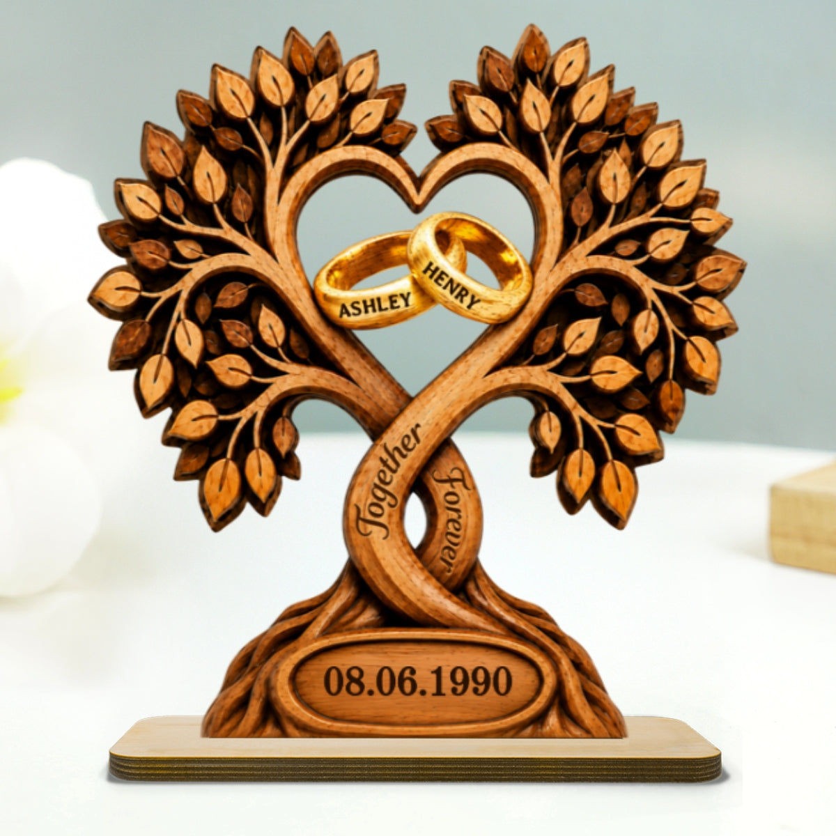 Forever Love Couple Rings In Tree Canopy - Personalized 2-Layered Wooden Plaque - Anniversary Gift, Wedding Gift For Couple