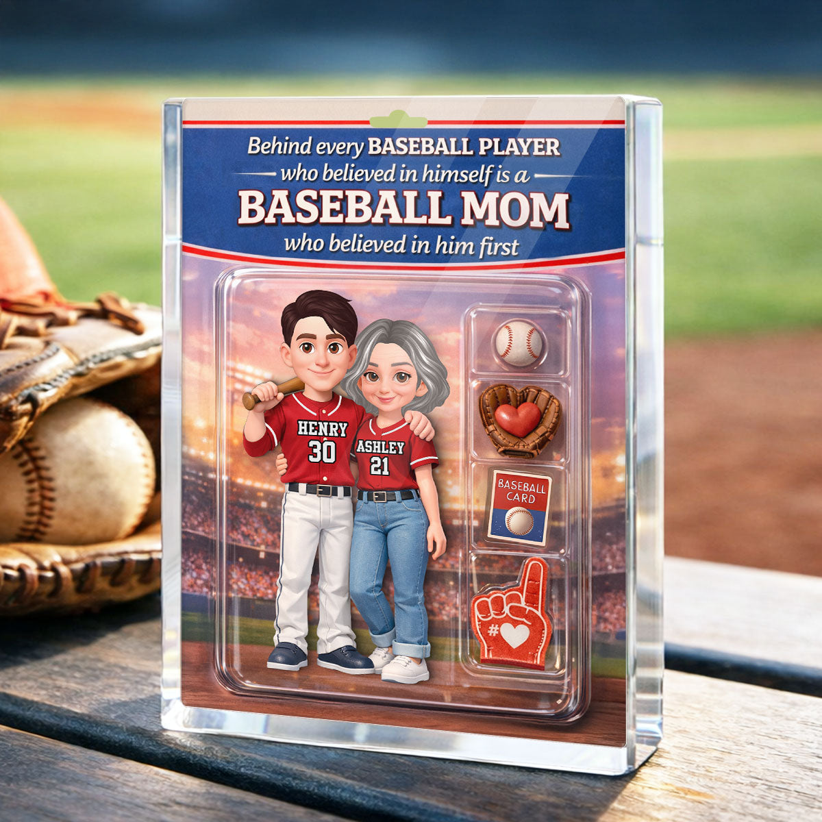 Behind Every Baseball Player is a Baseball Mom Custom Action Figure - Personalized Acrylic Block Plaque - Heartfelt Gift for Mom
