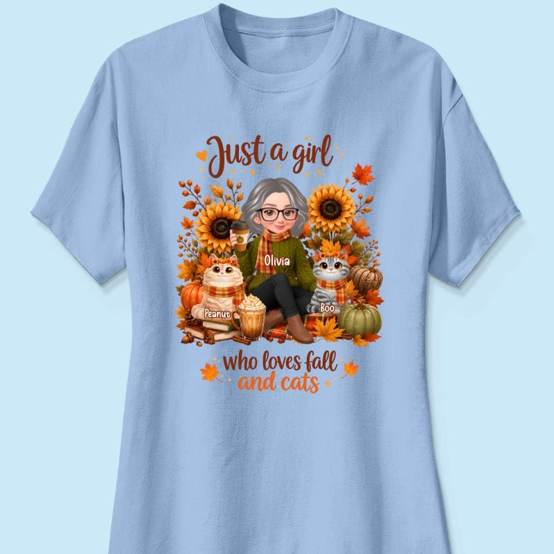 A Girl Who Loves Fall And Her Cats - Personalized Shirt - Fall Season Gift, Gift For Cat Lovers