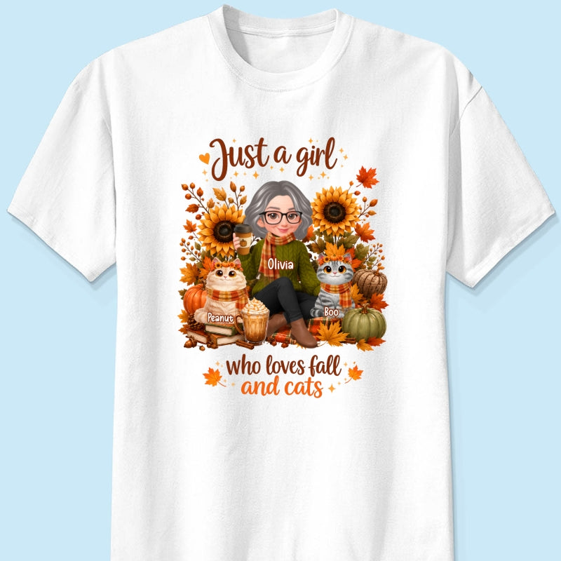 A Girl Who Loves Fall And Her Cats - Personalized Shirt - Fall Season Gift, Gift For Cat Lovers