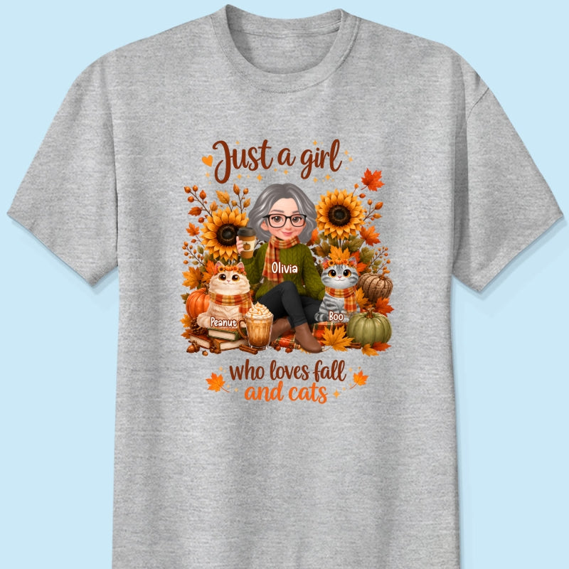 A Girl Who Loves Fall And Her Cats - Personalized Shirt - Fall Season Gift, Gift For Cat Lovers
