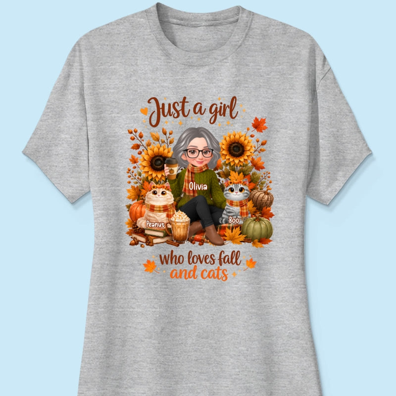 A Girl Who Loves Fall And Her Cats - Personalized Shirt - Fall Season Gift, Gift For Cat Lovers