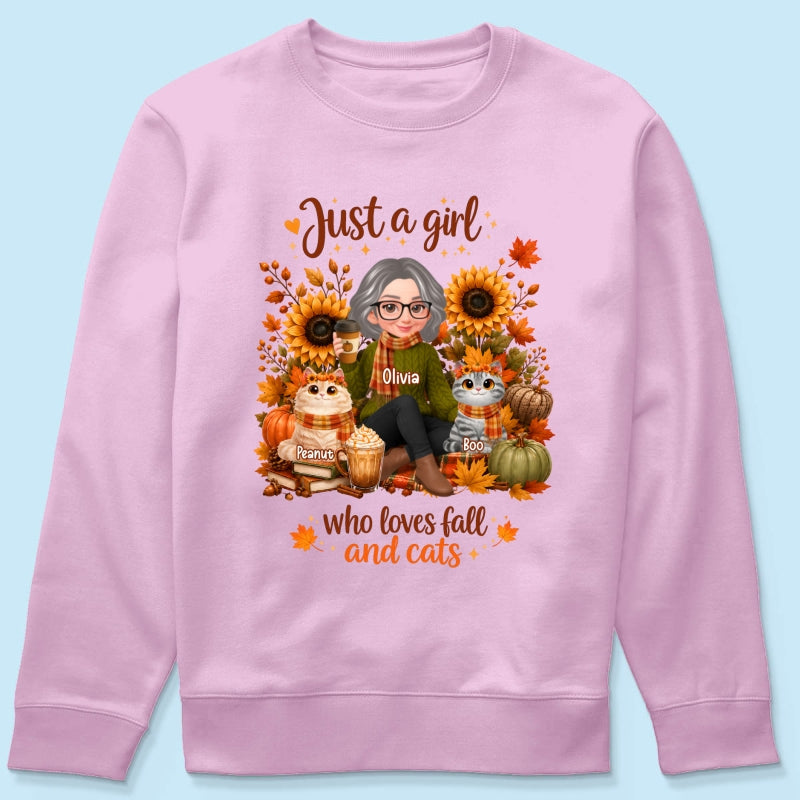 A Girl Who Loves Fall And Her Cats - Personalized Shirt - Fall Season Gift, Gift For Cat Lovers
