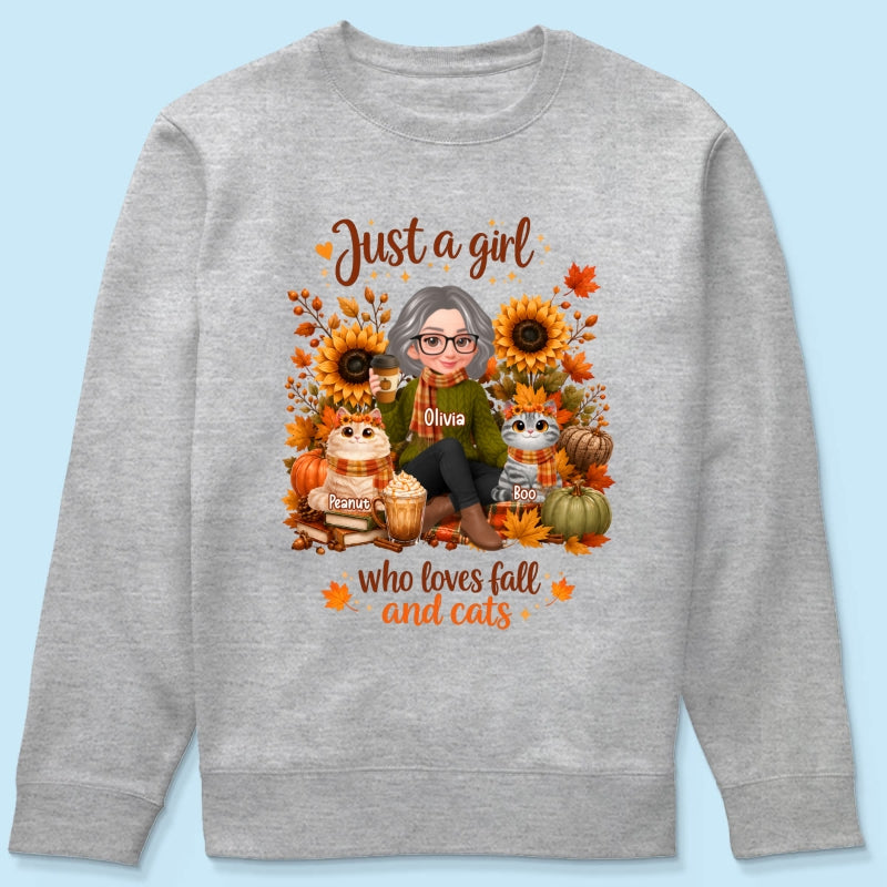 A Girl Who Loves Fall And Her Cats - Personalized Shirt - Fall Season Gift, Gift For Cat Lovers