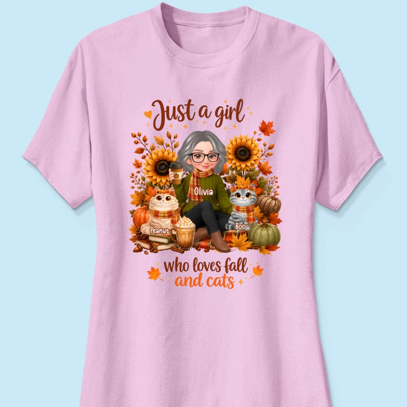 A Girl Who Loves Fall And Her Cats - Personalized Shirt - Fall Season Gift, Gift For Cat Lovers