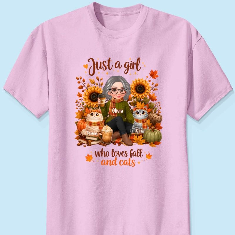 A Girl Who Loves Fall And Her Cats - Personalized Shirt - Fall Season Gift, Gift For Cat Lovers