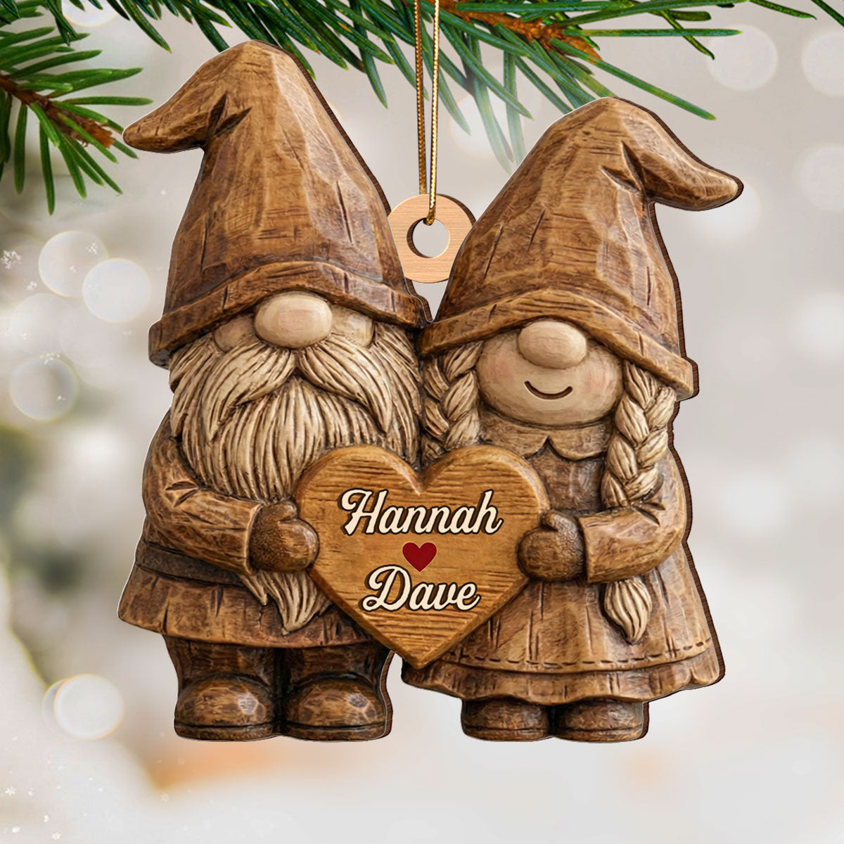 3D Effect Gnome Couple Standing - Personalized Wooden Ornament - Gift For Him, Gift For Her