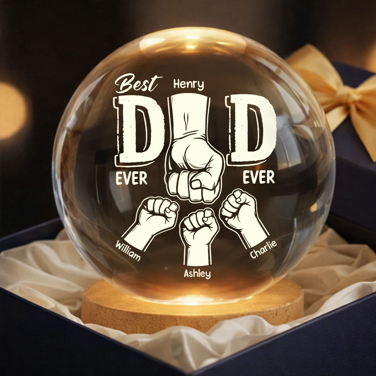 Best Dad Ever Fist Bump - Personalized Crystal Ball LED Night Light - Heartfelt Gift for Dad, Husband