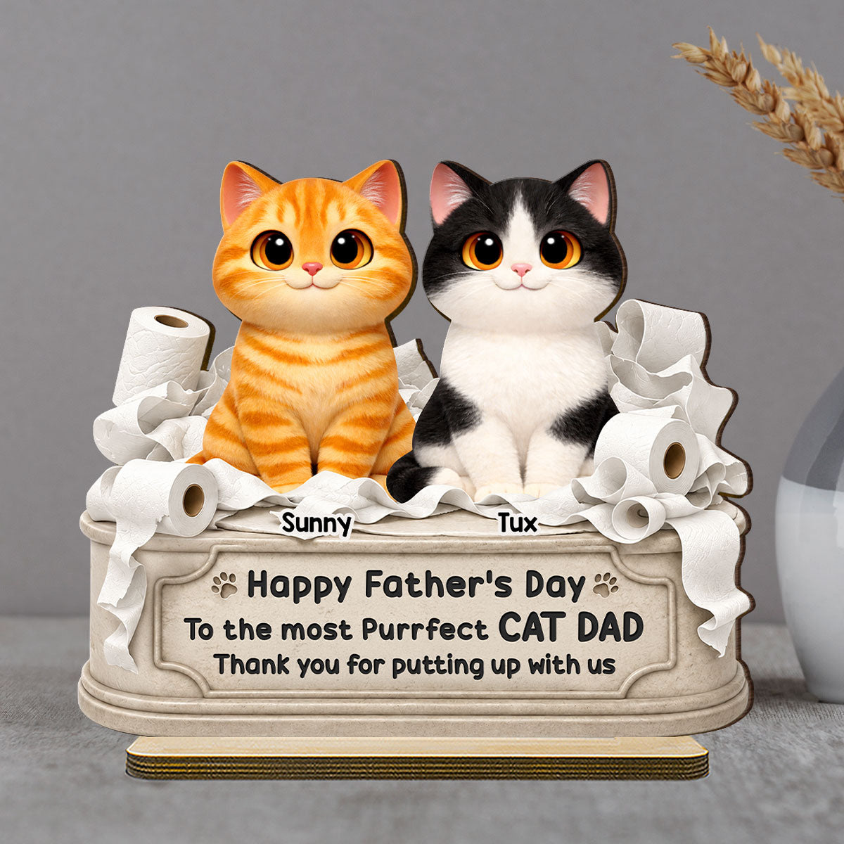 Toilet Papers Cute Fluffy Cats Happy  Thanks For Putting Up With Us - Personalized 2-Layered Wooden Plaque - Funny  Gift For Cat Dad, Cat Lovers