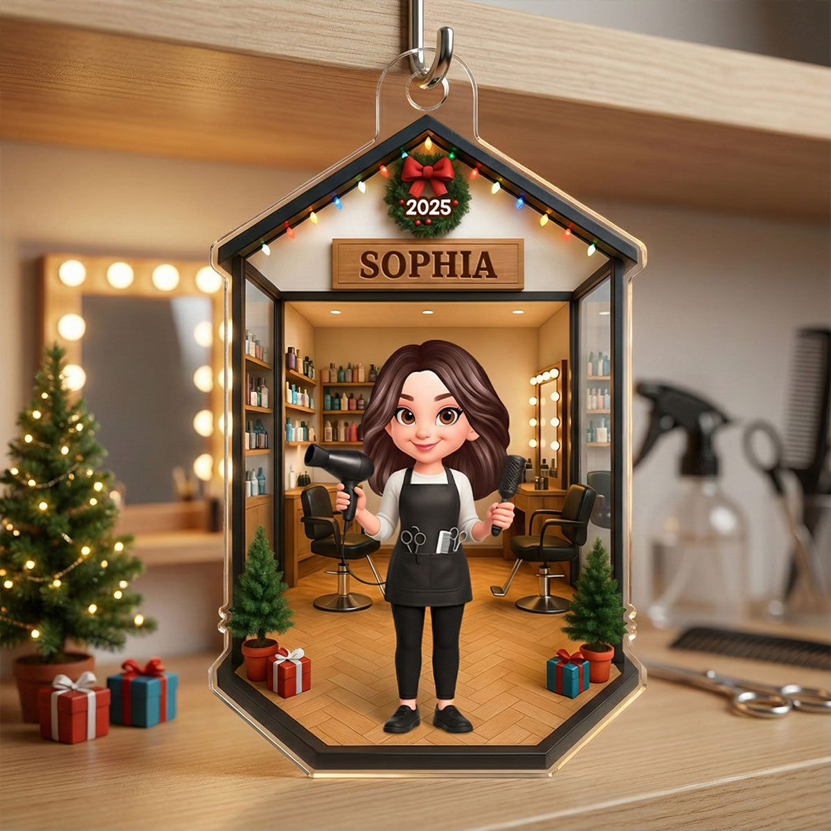 3D Effect Christmas Hair Salon Hairdresser Man Woman - Personalized Acrylic Ornament - Gift For Hairdressers