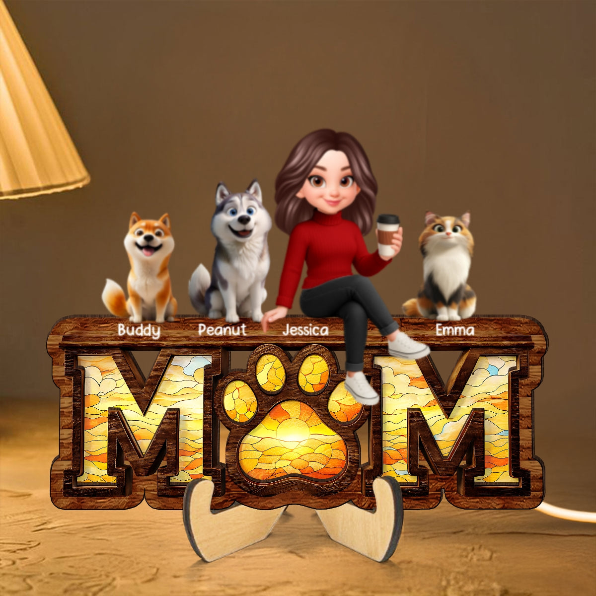 Mom And Dog Cat Paw Sign - Personalized Wooden Frame With LED - Heartfelt Gift For Dog Mom, Cat Mom
