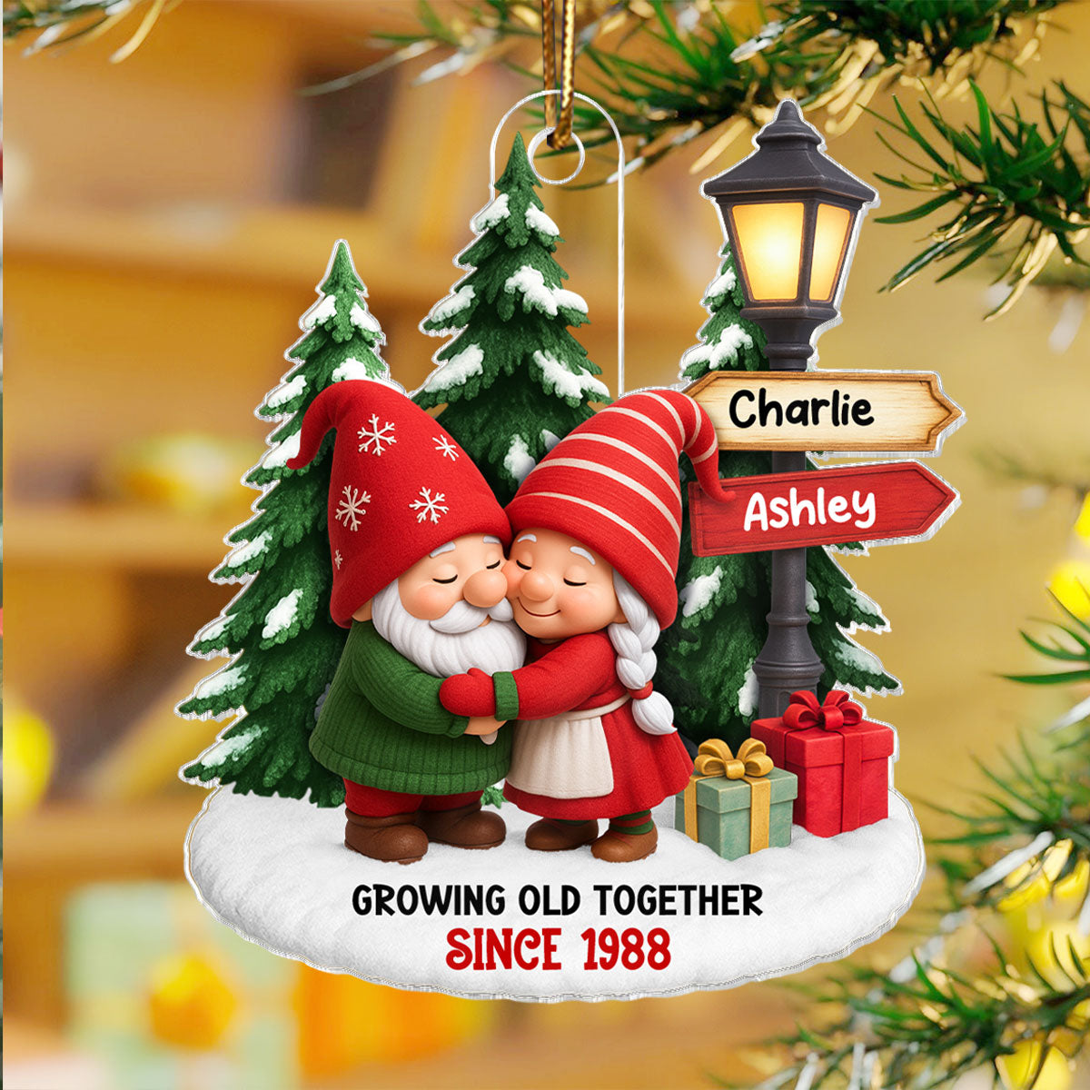 Gnome Couple on Snow - Personalized Acrylic Ornament - Christmas Gift For Couple, for Wife, for Husband
