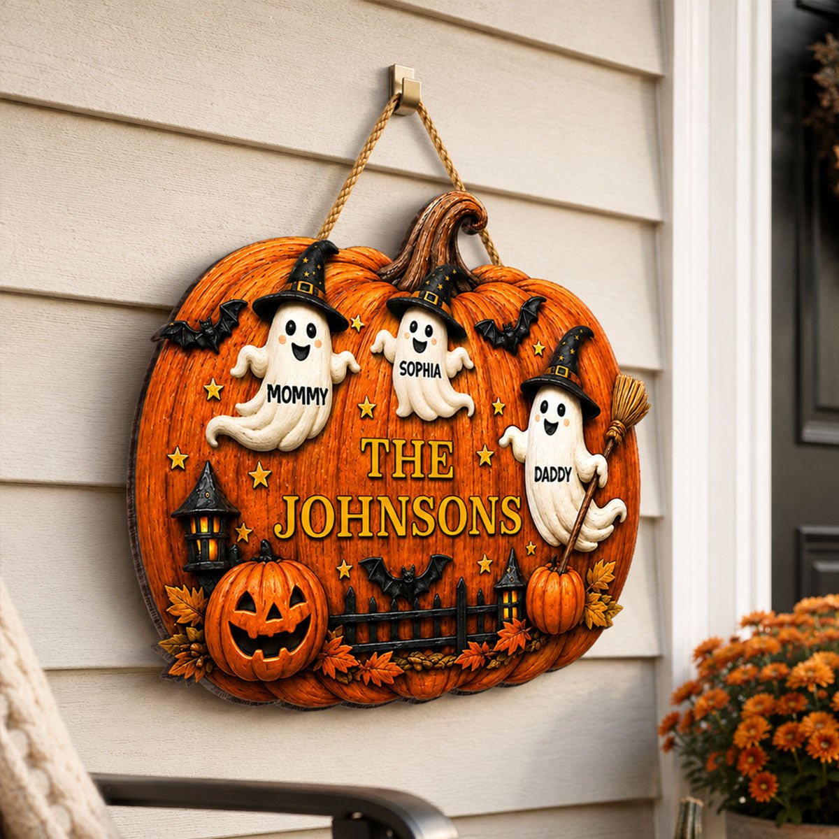 Halloween Family Ghost Pumpkin - Personalized Wood Sign - Halloween Decor Gift, Gift For Family