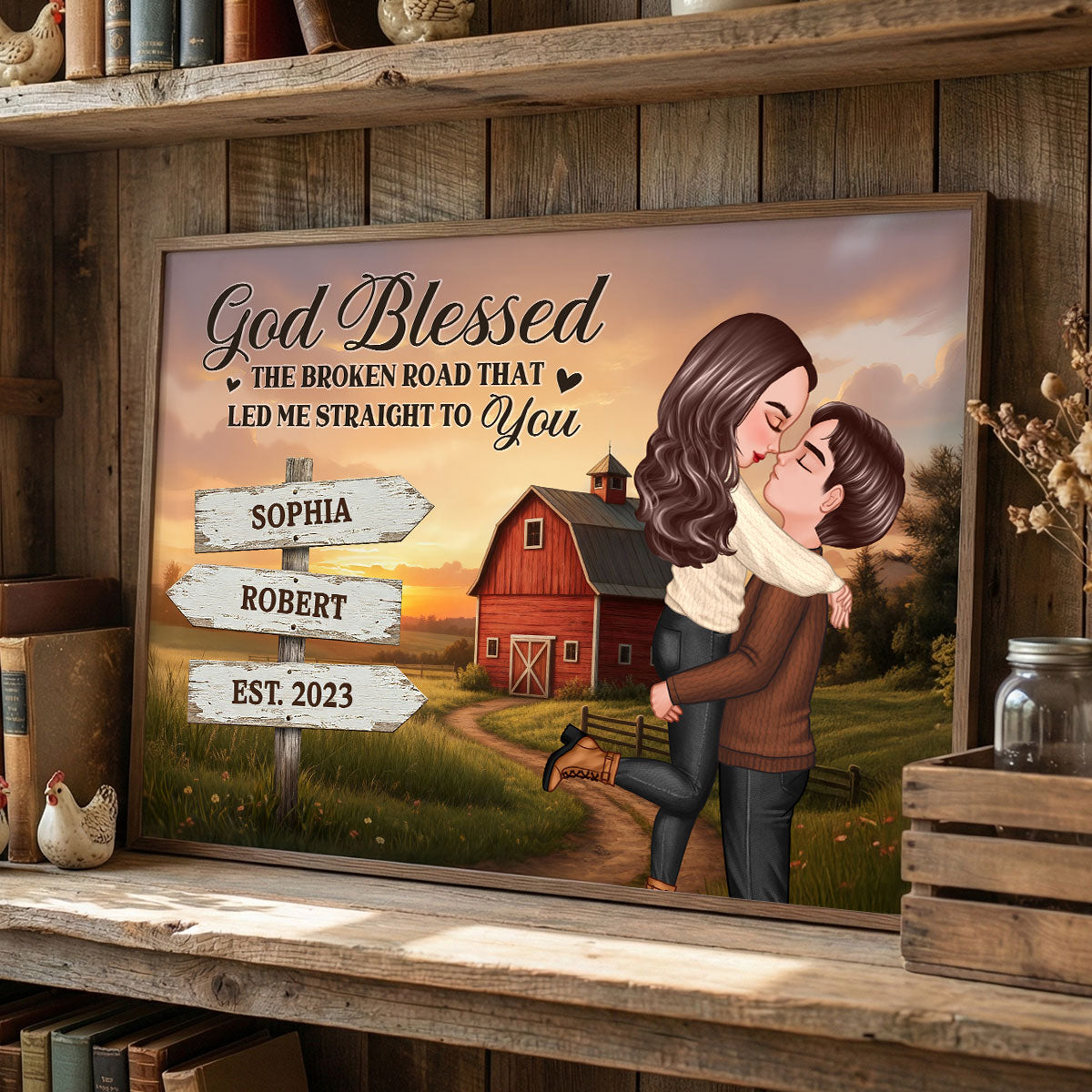 Rustic Nostalgia Red Barn House Sign Posts Couple Hugging Kissing Farmhouse Decor - Personalized Poster - Heartfelt Valentine, Anniversary Gift For Him, For Her