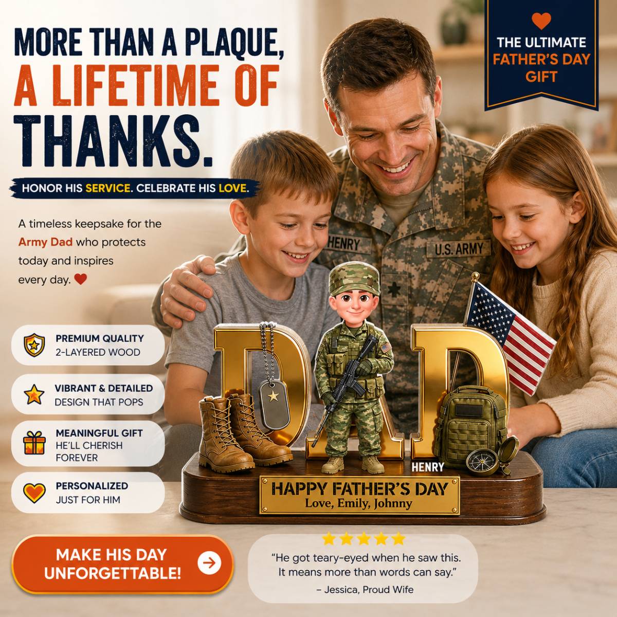 Proud American Military Armed Force Hero Dad 2D Flat - Personalized Acrylic Block Plaque -  Unique Trending  Gift For Dad, Husband