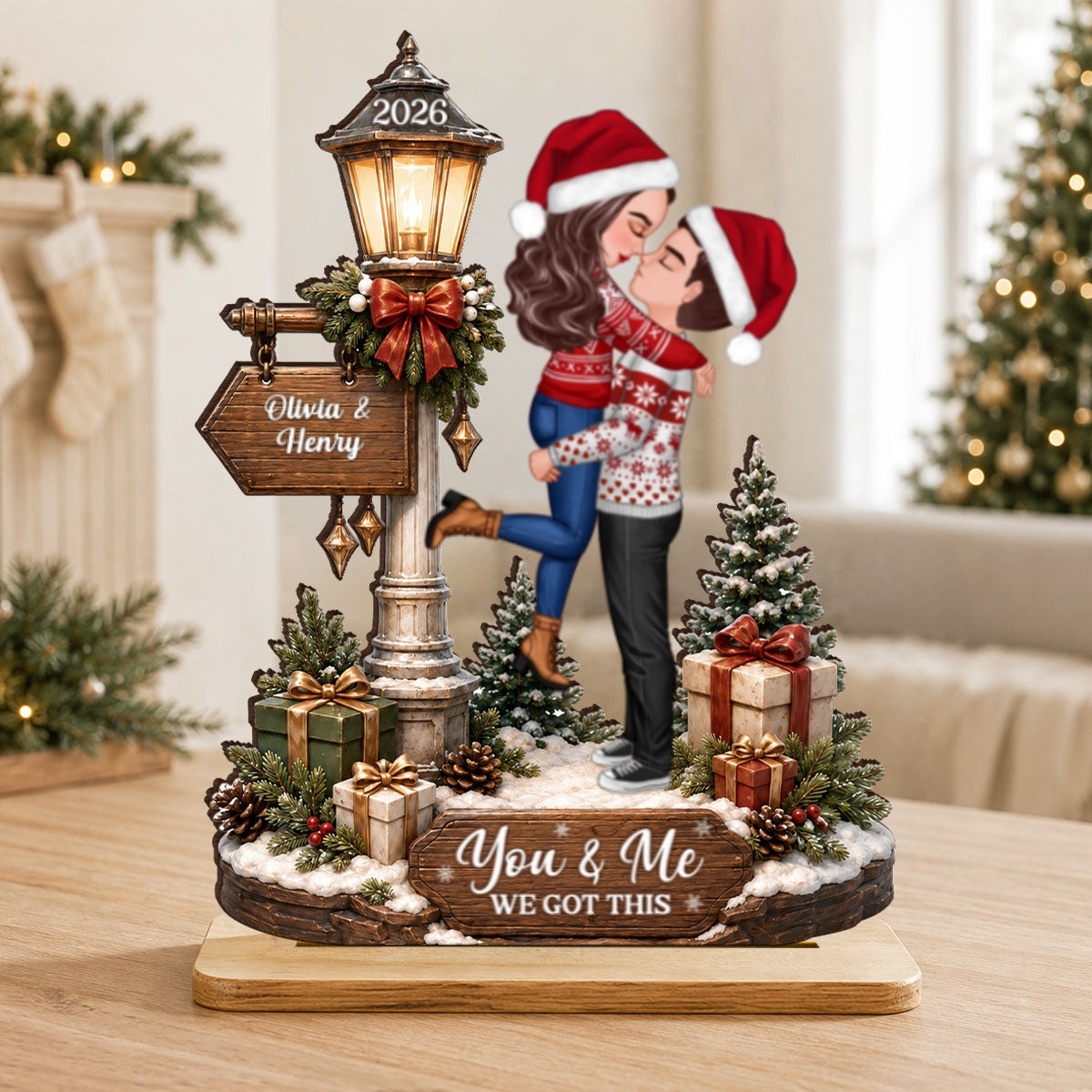 Couple Kissing Under Lamp Post - Personalized 2-Layered Wooden Plaque - Christmas Decor, Gift for Her, Gift for Him