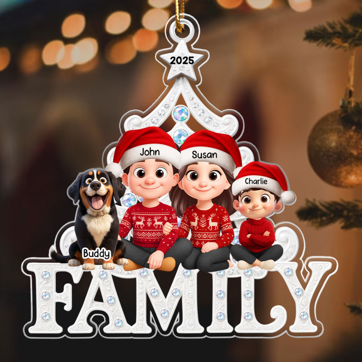 Family Sitting Metallic Mix Crystal Effect - Personalized Acrylic Ornament - Christmas Gift for Family