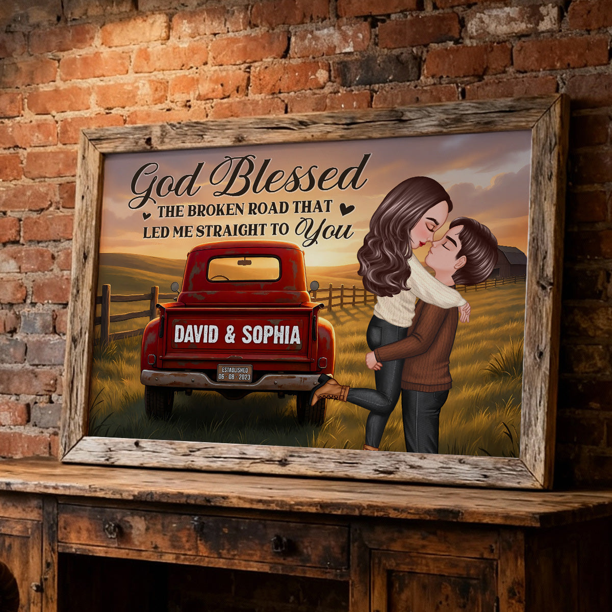 Rustic Nostalgia Red Truck Couple Hugging Kissing Farmhouse Decor - Personalized Poster - Heartfelt Valentine, Anniversary Gift For Him, For Her