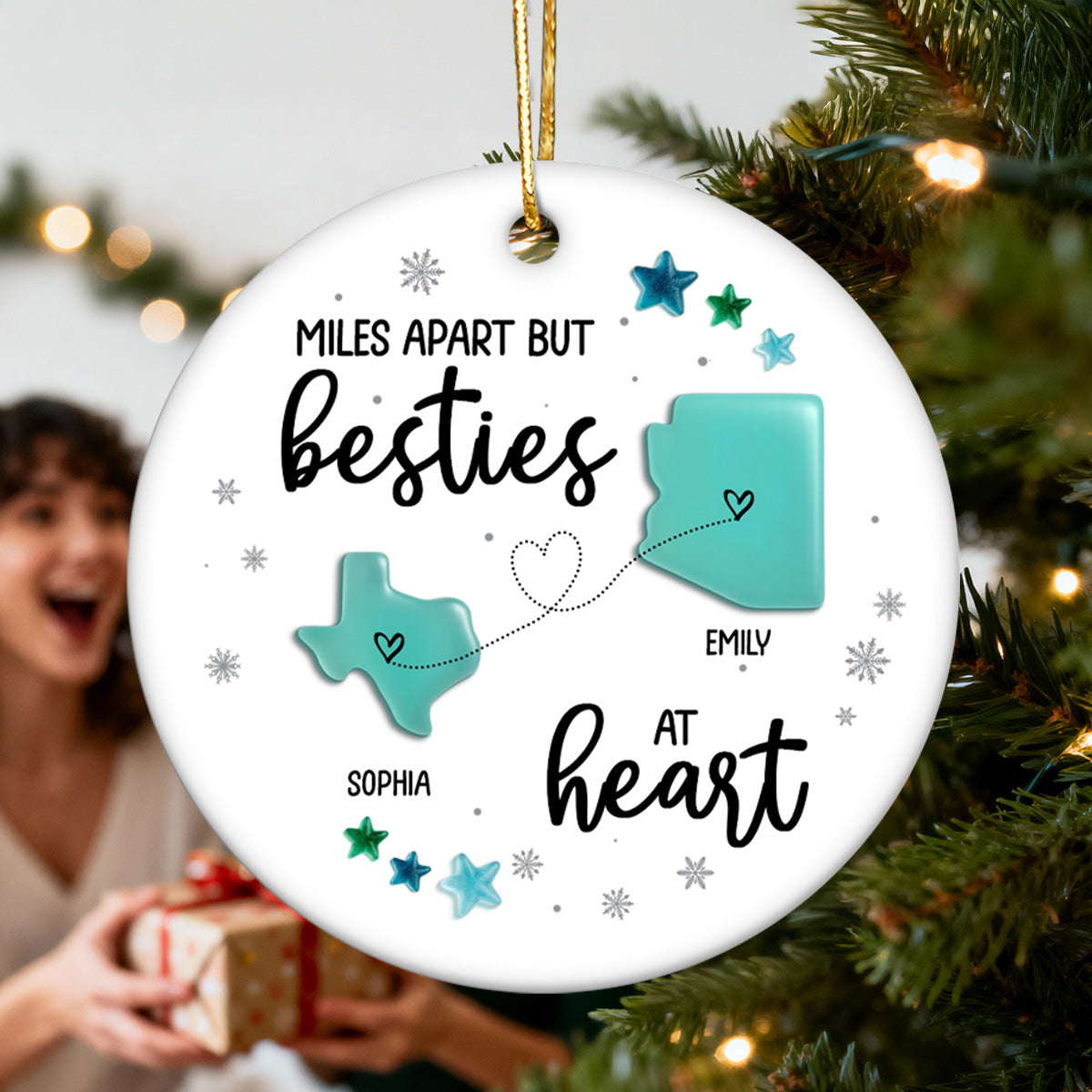 3D Sea Glass Effect Christmas Long Distance State Maps Besties - Personalized Ceramic Ornament