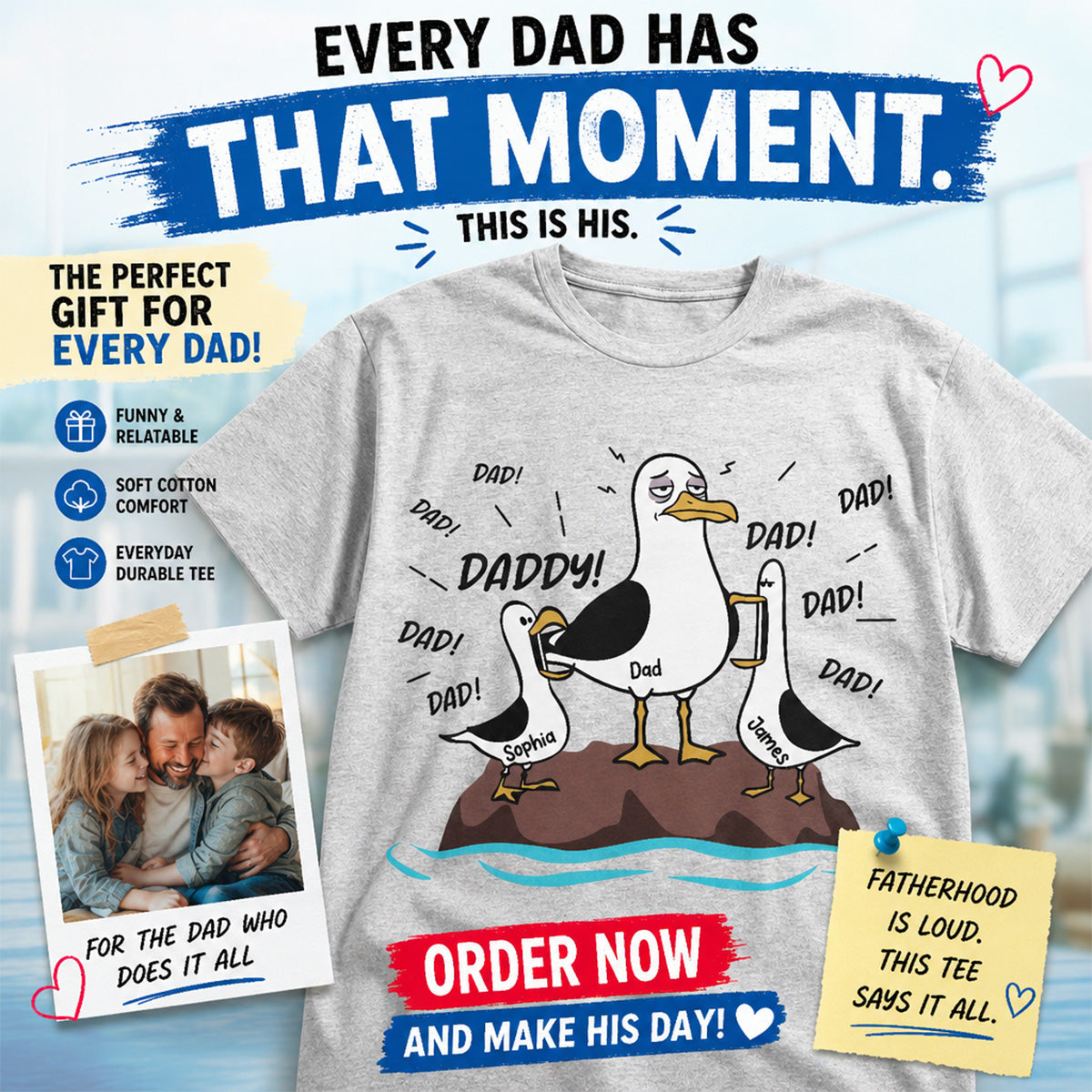 Seagull Dad! Dad! Dad! Tired Seagull & Kids Custom Name - Personalized Shirt - Funny Father's Day Gift For Dad, Husband
