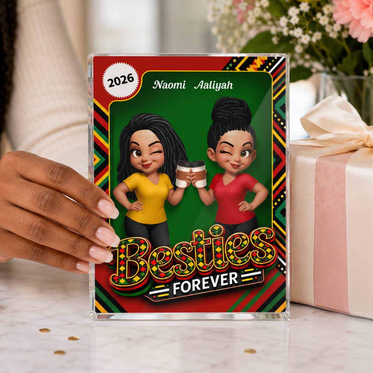 Tribal Pattern Besties Forever - Personalized Acrylic Block Plaque - Birthday Gift, Gift For Best Friends