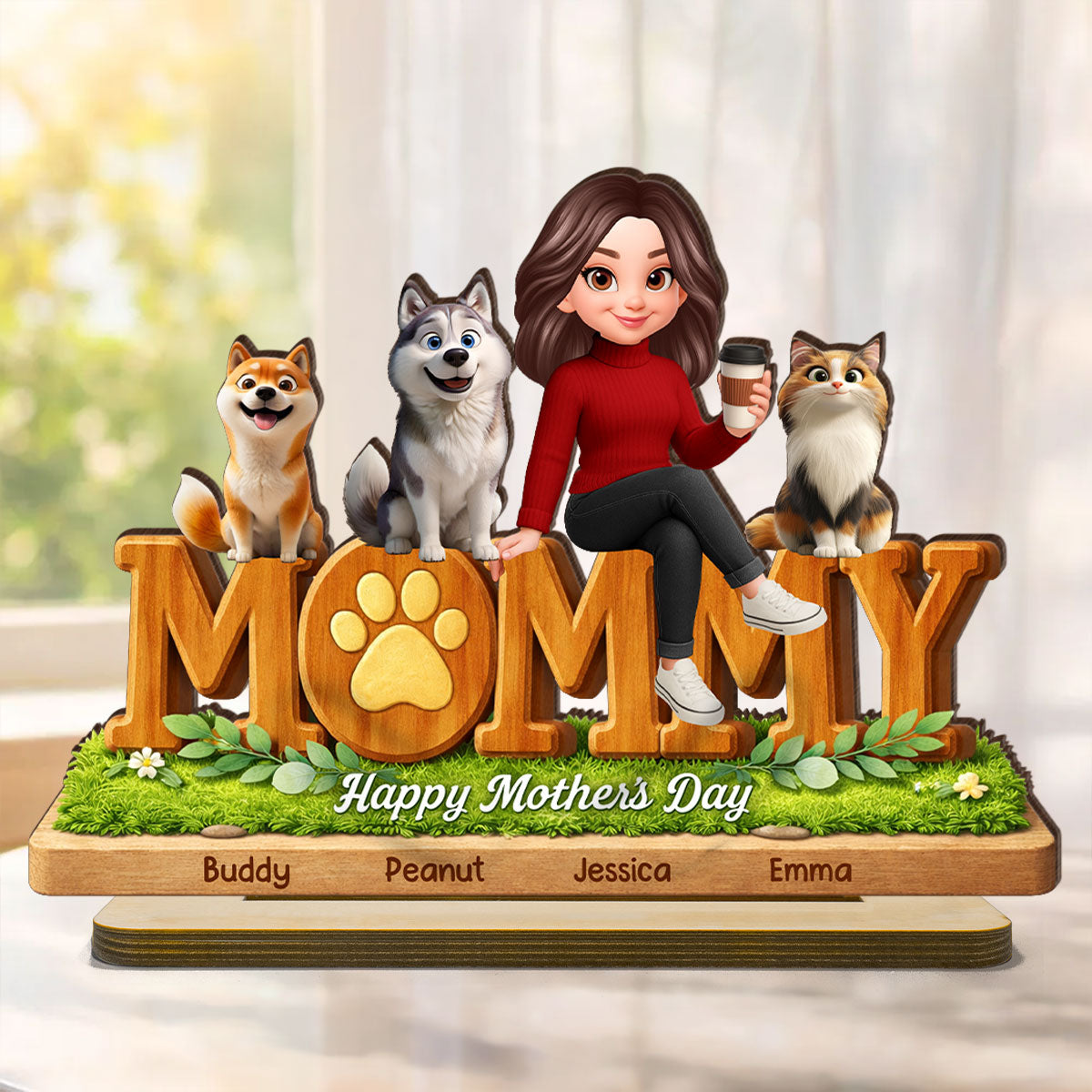 Mommy Dog Cat Happy Mother's Day - Personalized 2-Layered Wooden Plaque - Heartfelt Gift For Dog Mom, Cat Mom