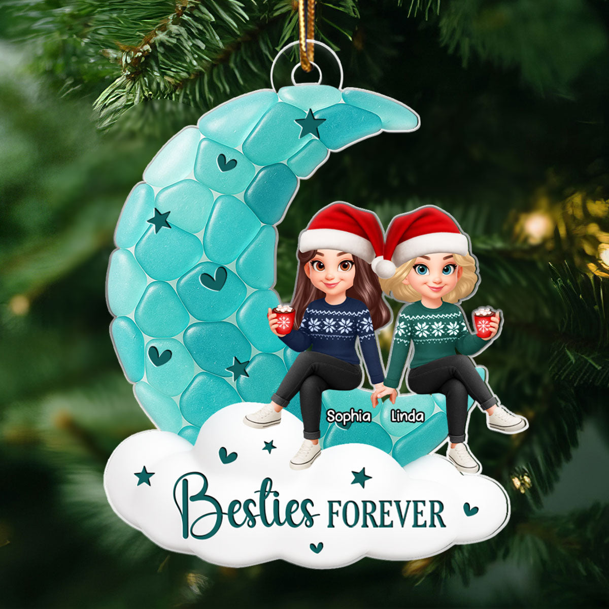 Sea Glass Effect Besties On Moon - Personalized Acrylic Ornament - Christmas Gift For Best Friends