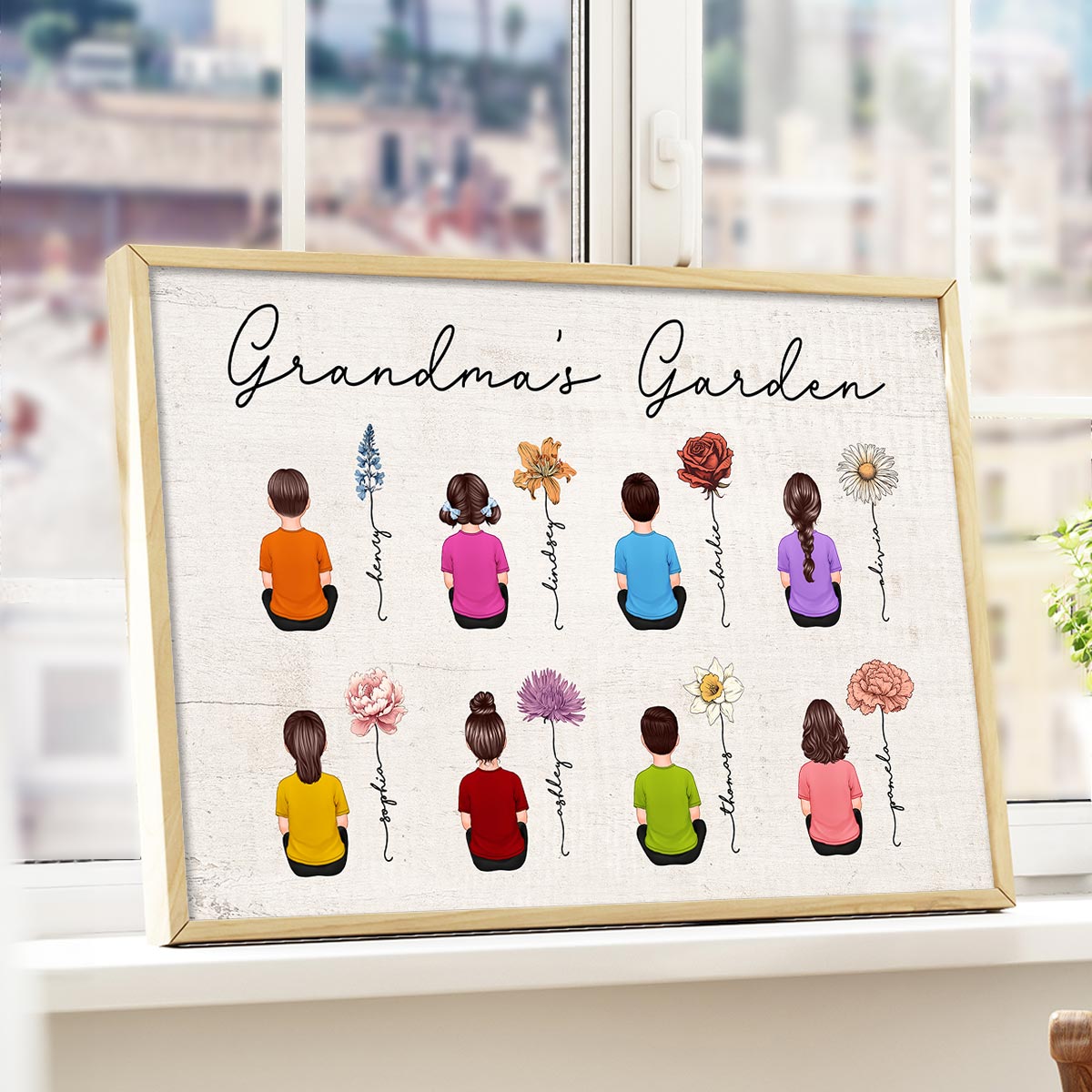 Vintage Birth Month Flowers Garden With Grandkids Names Personalized Poster, Mother‘s Day Gift For Grandma Mom Auntie
