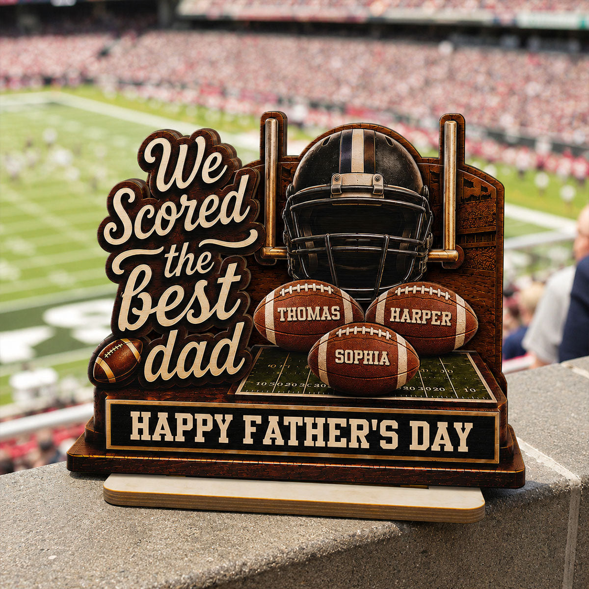 We Scored The Best American Football Dad Custom Name 2D Flat - Personalized 2-Layered Wooden Plaque -  Gift For Football Dad