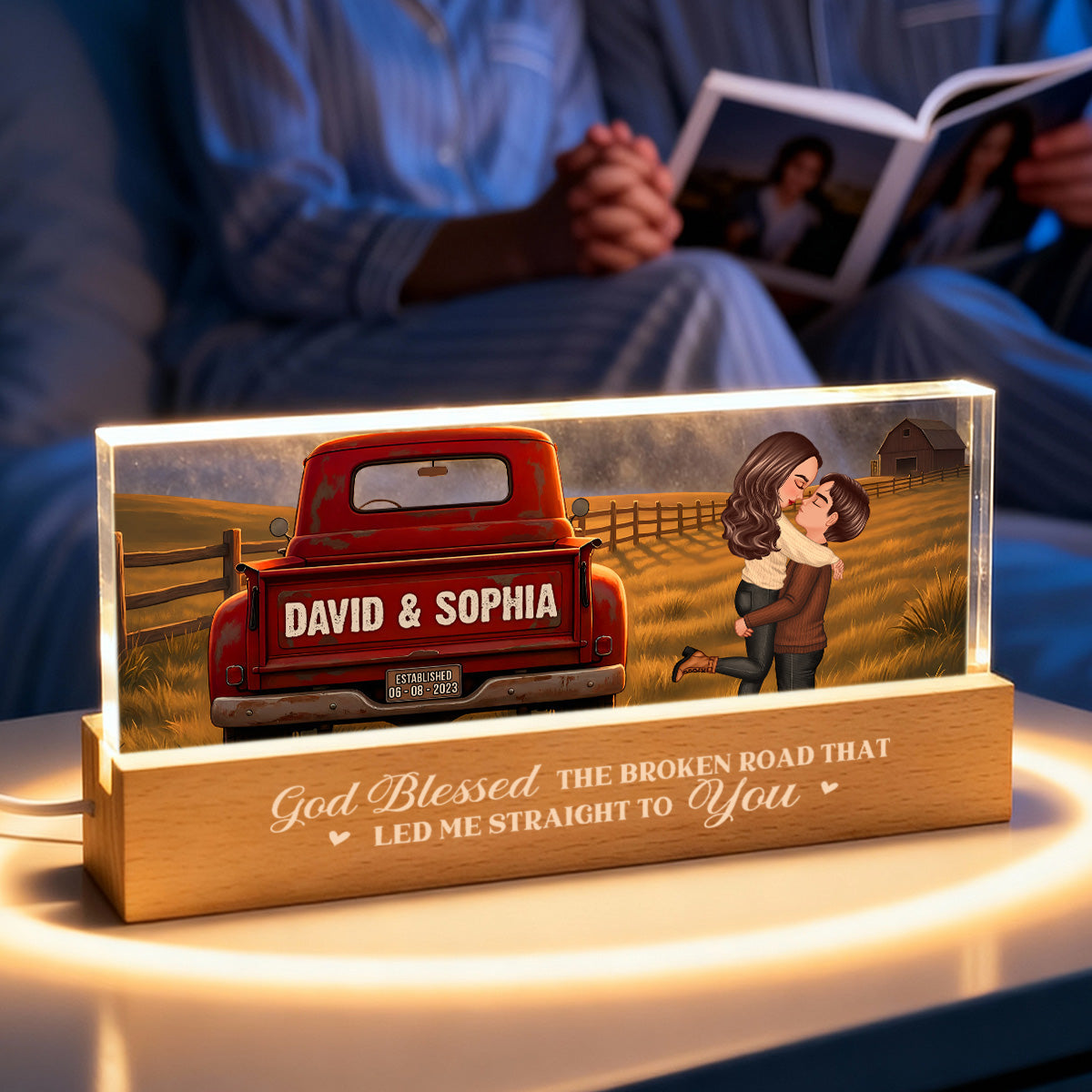 Rustic Nostalgia Red Truck Couple Hugging Kissing Farmhouse Decor - Personalized Acrylic Block LED Night Light - Heartfelt Valentine, Anniversary Gift For Him, For Her