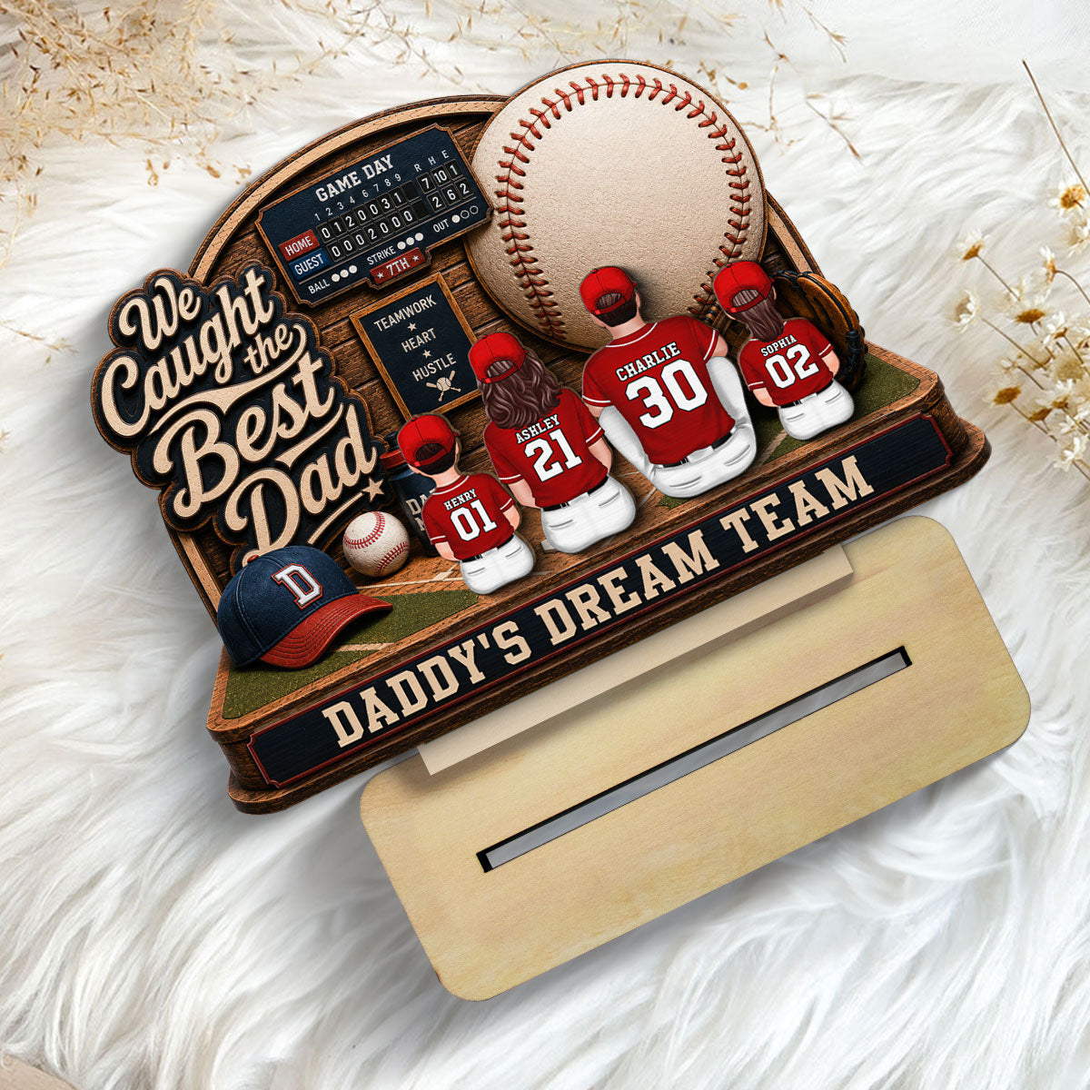 Baseball Things Dad & Kids Back View Sitting 2D Flat - Personalized 2-Layered Wooden Plaque - Happy  For Baseball Dad