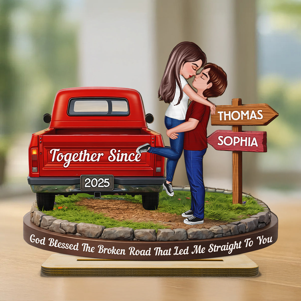 God Blessed The Broken Road - Personalized Standing Wooden Plaque - Gift for Couple