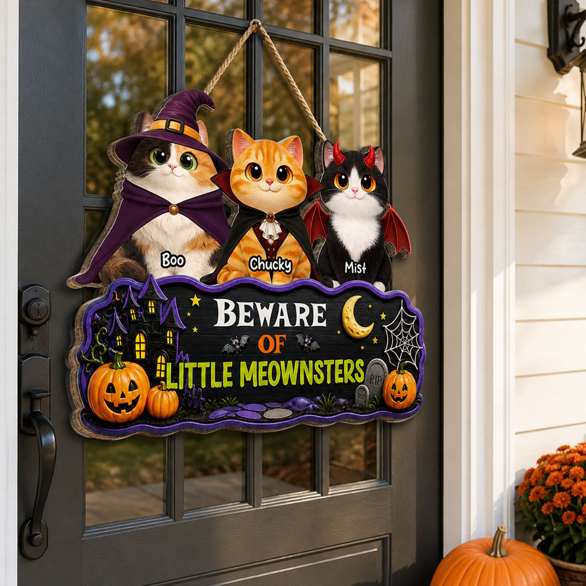 Spooky Halloween Beware of Little Cats Meownsters - Personalized Wood Sign - Halloween Gift For Cat Lovers, Halloween Decor