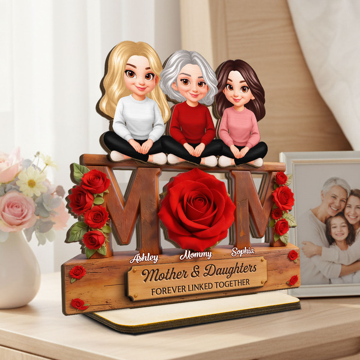 Beautiful Roses MOM And Daughters Sons - Personalized 2-Layered Wooden Plaque - Gift For Mom