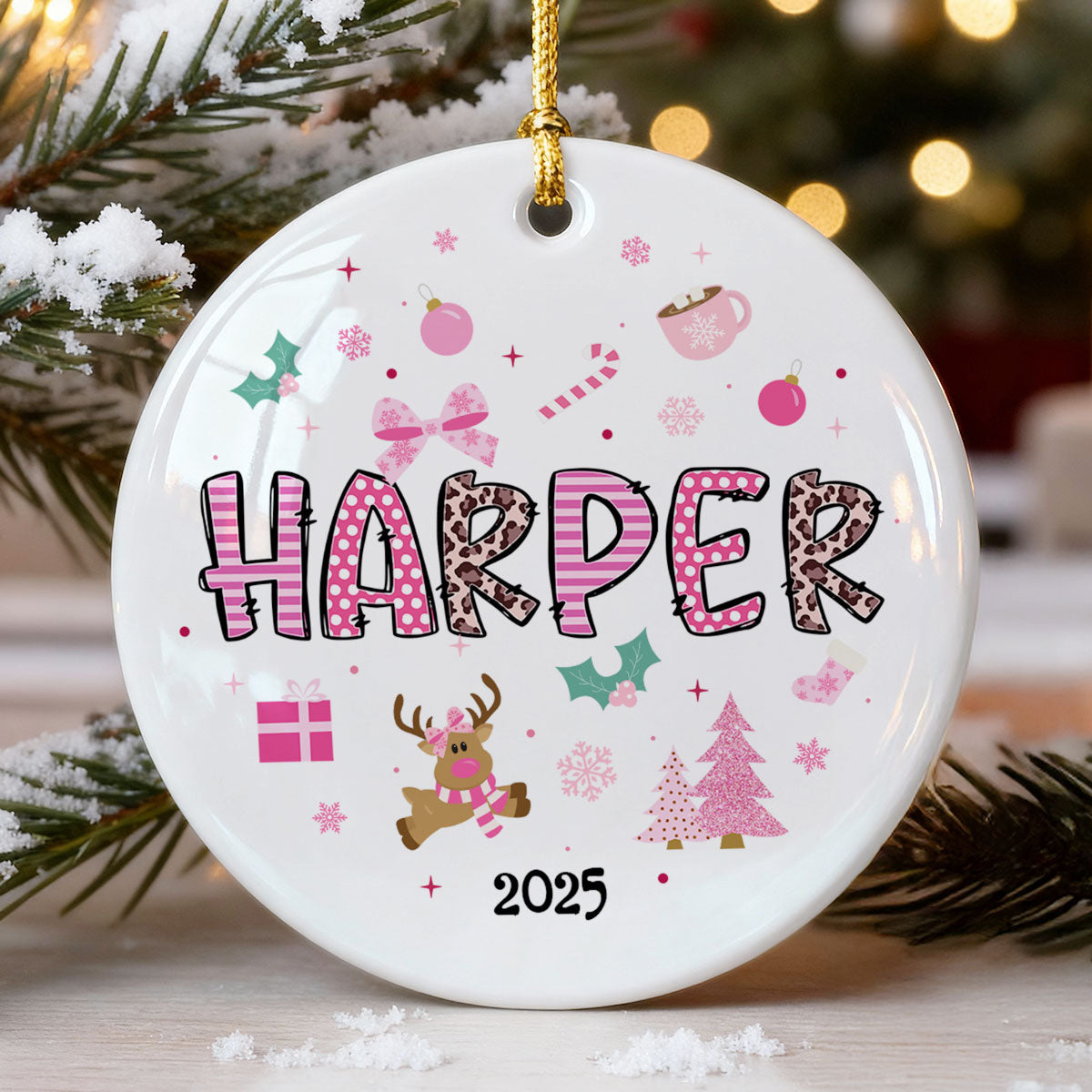 Pink Theme Girls Name Christmas - Personalized Ceramic Ornament - Gift For Daughter, Granddaughter