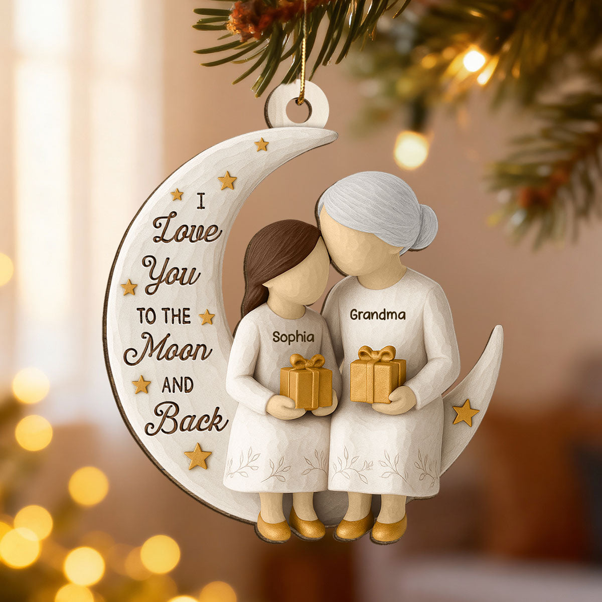 3D Effect Golden Star Grandma Grandkid On Moon - Personalized Wooden Ornament - Gift For Granddaughter, Grandson