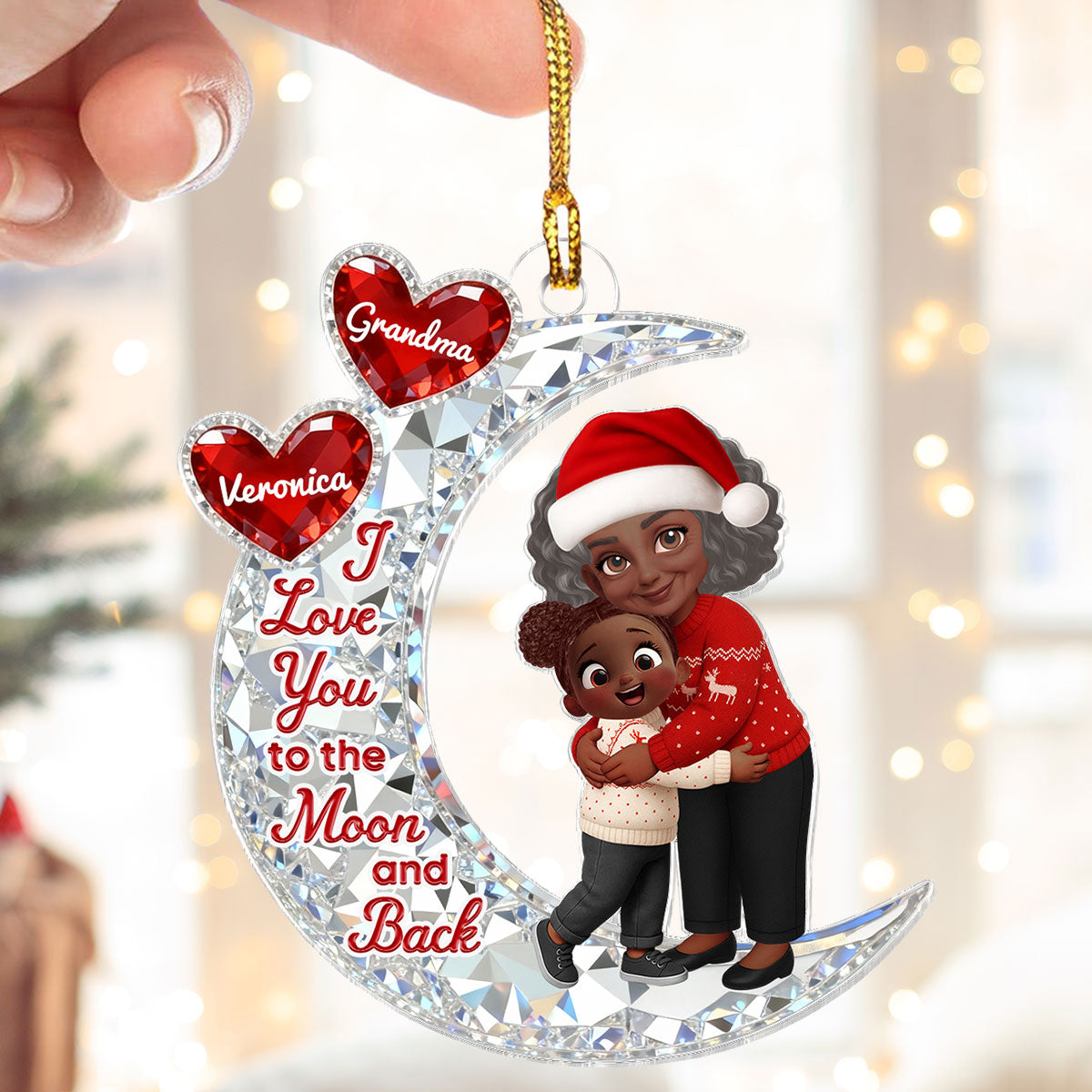 3D Effect Flat Grandma Hugging Grandkid On Moon - Personalized Acrylic Ornament - Gift For Grandma, Grandkids