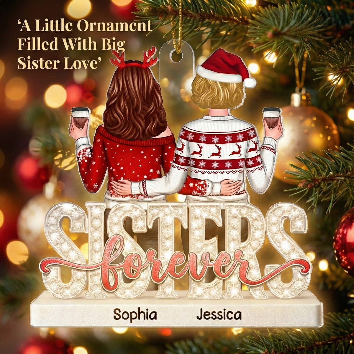 Sisters Forever Pattern Crystal - Personalized Acrylic Ornament - Heartwarming Christmas Gift For Sisters, Besties