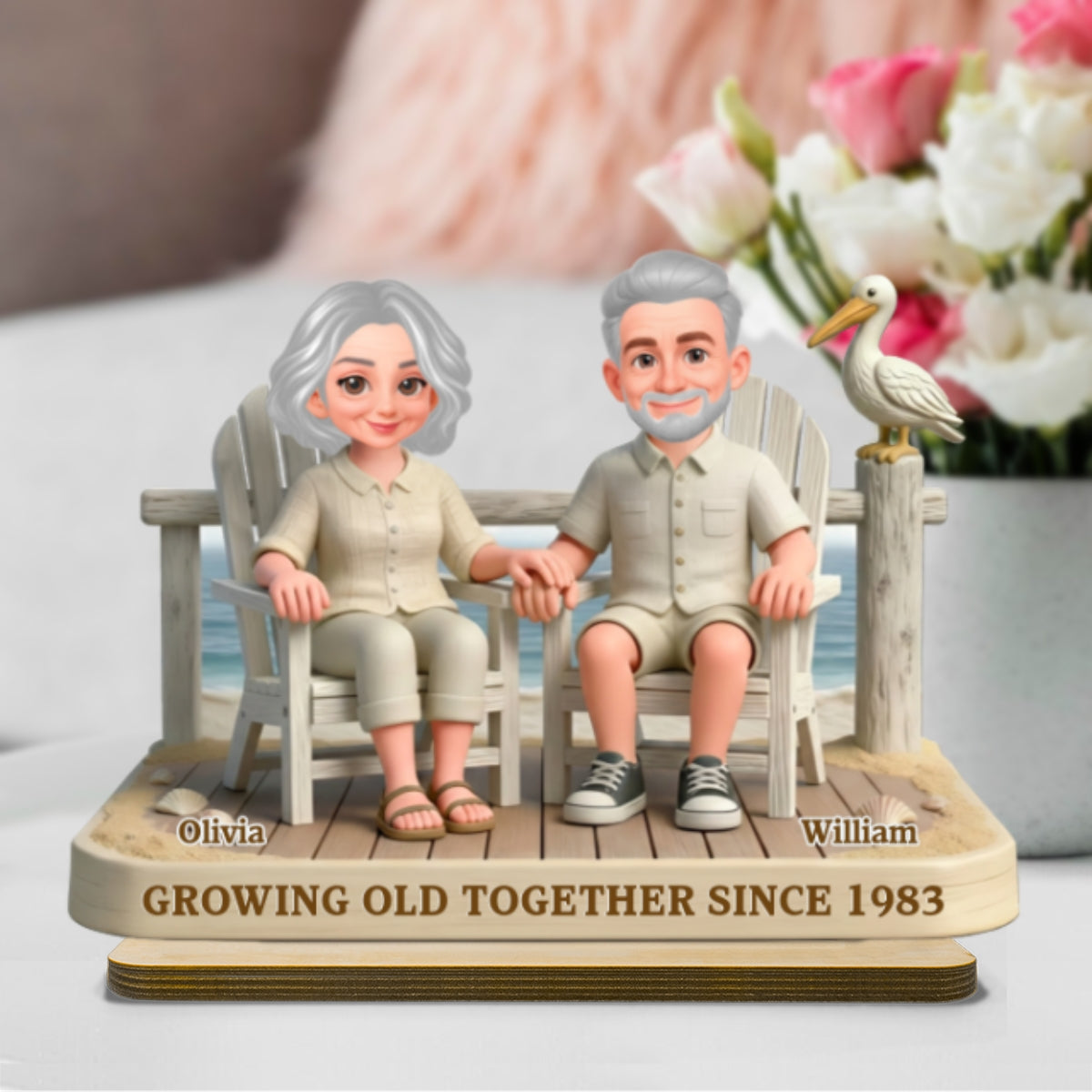 Eternal Love Couple On The Beach Growing Old Together - Personalized 2-Layer Wooden Plaque - Gift For Couple, Gift For Him, For Her