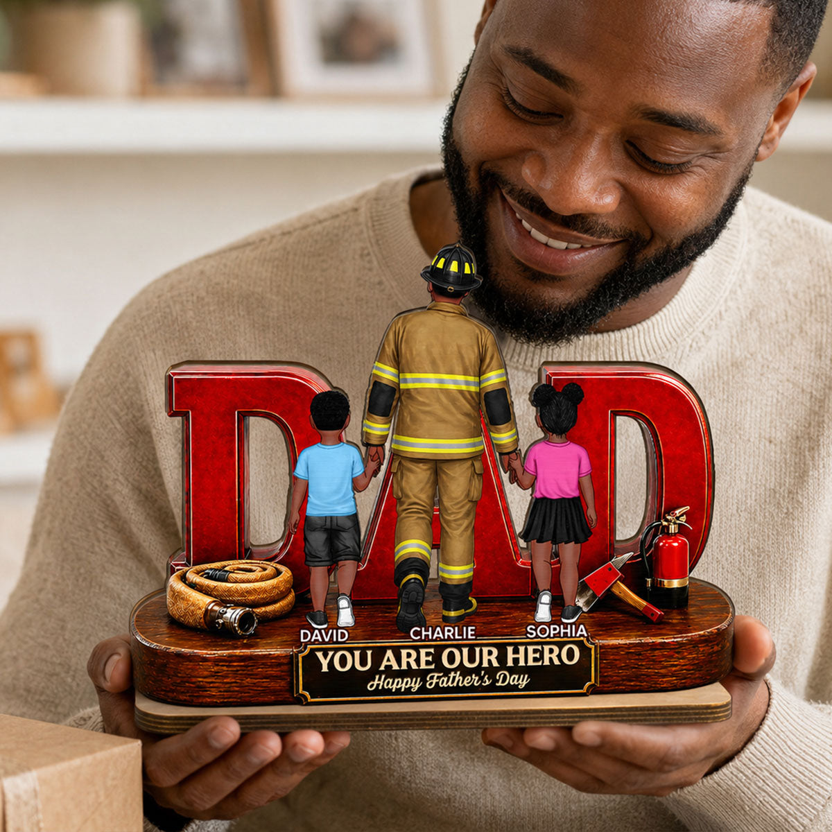 Proud Firefighter Dad You Are Our Hero - Personalized 2-Layered Wooden Plaque -  Gift For Dad