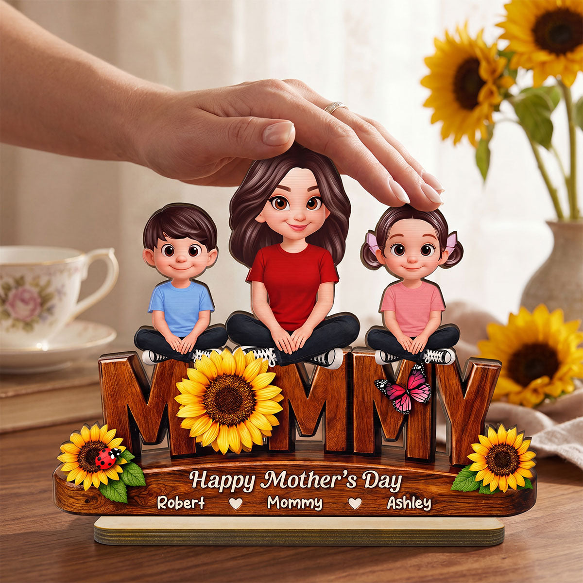 Sunflower Mom And Kids - Personalized 2-Layered Wooden Plaque - Mother's Day Gift For Mom, Wife