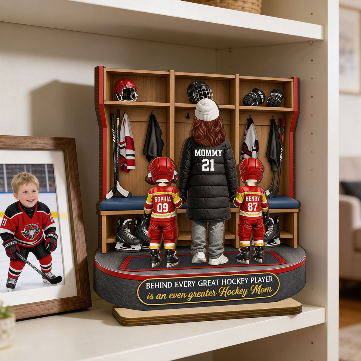 Hockey Mom And Kids Locker Room - Personalized 2-Layered Wooden Plaque - Mother's Day Gift For Hockey Mom, Gift For Wife