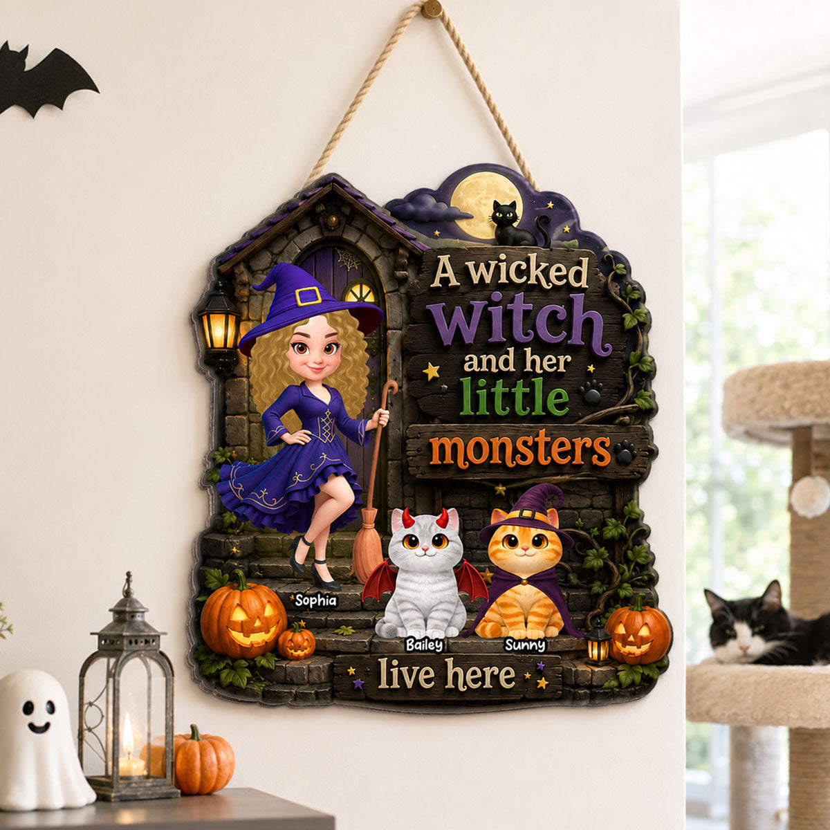 Mysterious Wicked Witch And Little Monsters Cats - Personalized Wood Sign - Halloween Gift For Cat Lovers, Halloween Decor