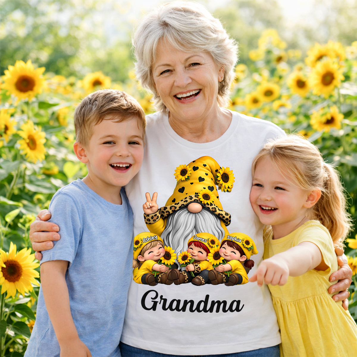 Gnome Grandma & Grandkids Sunflower - Personalized Shirt - Sentimental Gift for Grandma