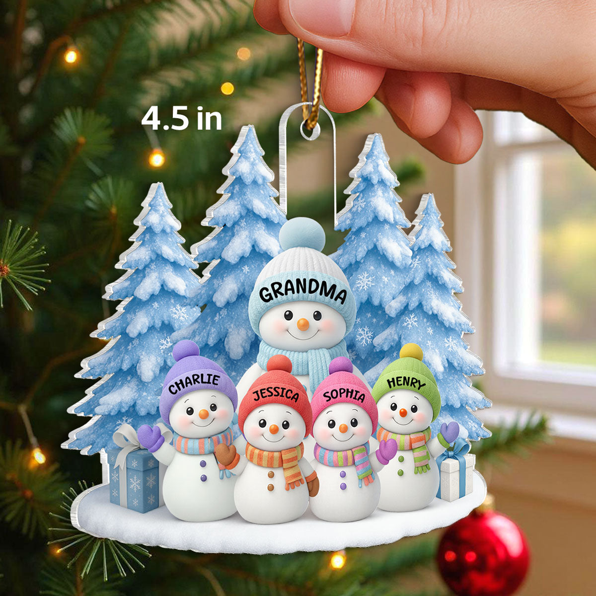Snowman Grandma And Grandkids on Snow - Personalized Acrylic Ornament - Perfect Christmas Gift for Grandma